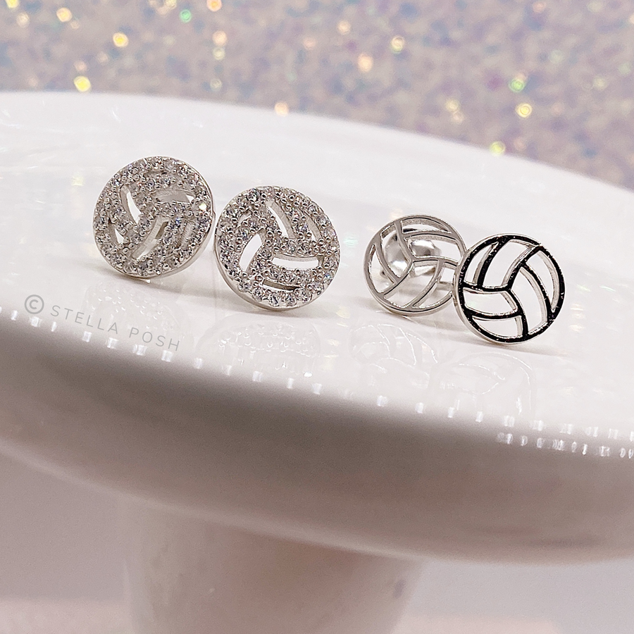 Tiny .925 Sterling Silver Volleyball Earrings without and with premium cubic zirconia stones in a pavé setting.