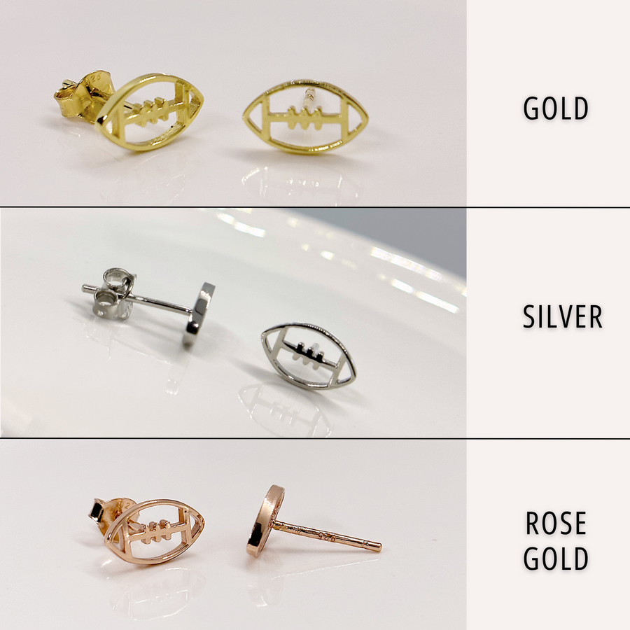 Tiny football earrings shown in Gold, Silver Rhodium, and Rose Gold.