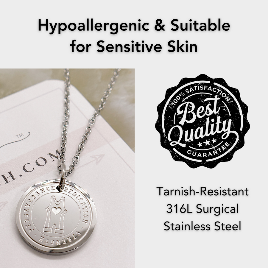 Hypoallergenic silver wrestling disc charm necklace, suitable for sensitive skin.