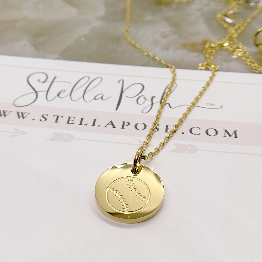 Gold softball disc charm necklace.