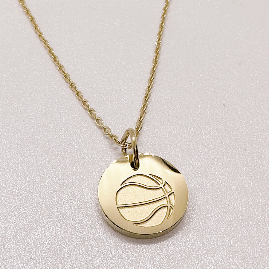 Basketball disc charm necklace in gold.