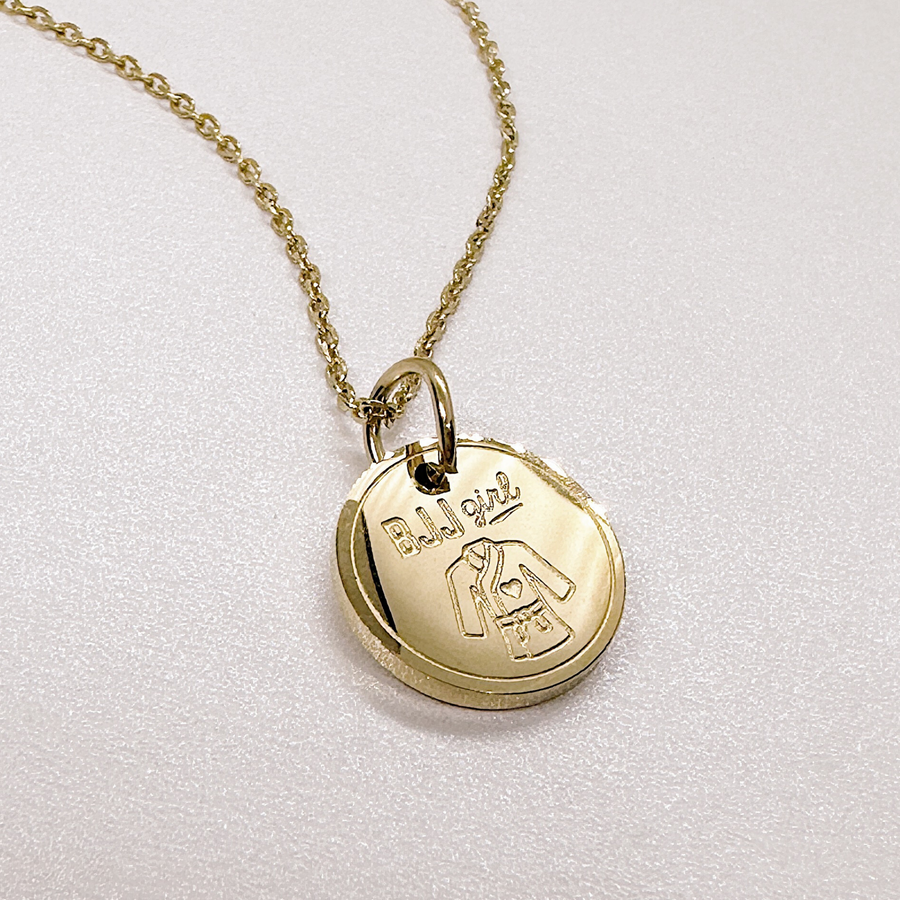 The Perfect Little Something BJJ Girl Custom Disc Charm Necklace  shown in gold.