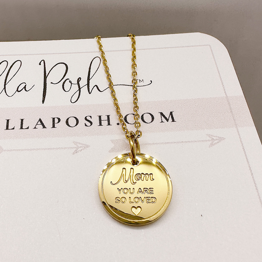 Gold Mom Mother disc charm necklace.
