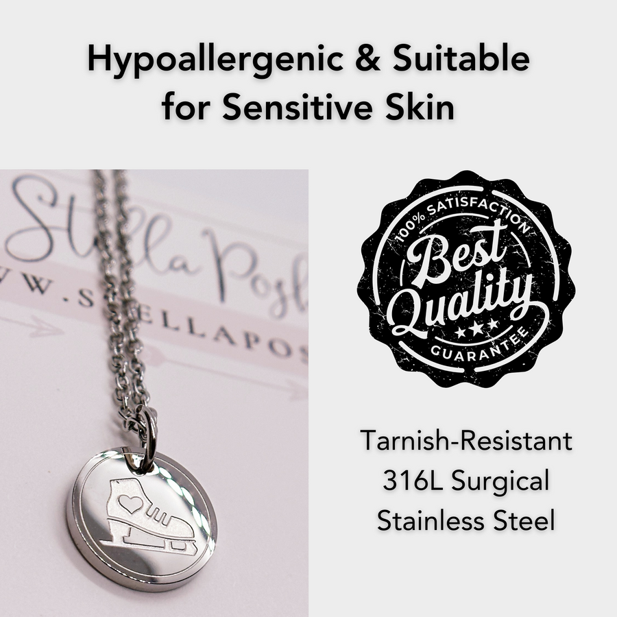 Hypoallergenic silver ice skate disc charm necklace, suitable for sensitive skin.