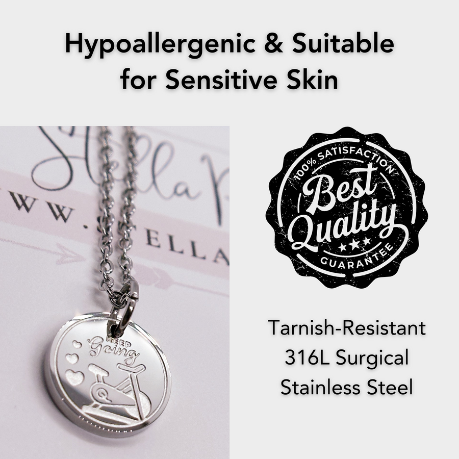 Hypoallergenic silver indoor cycle fitness  disc charm necklace, suitable for sensitive skin.