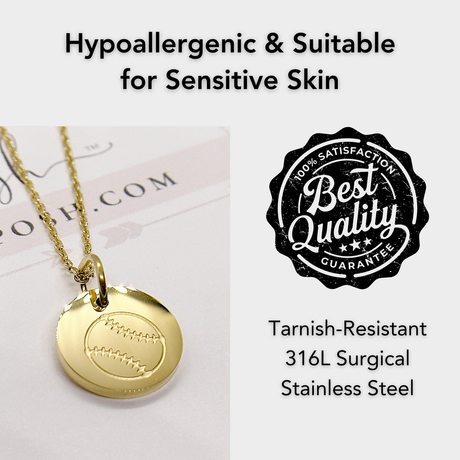 Hypoallergenic gold softball disc charm necklace, suitable for sensitive skin.