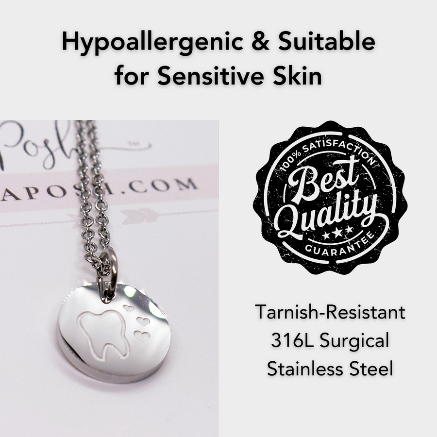 Hypoallergenic silver tooth disc charm necklace, suitable for sensitive skin.