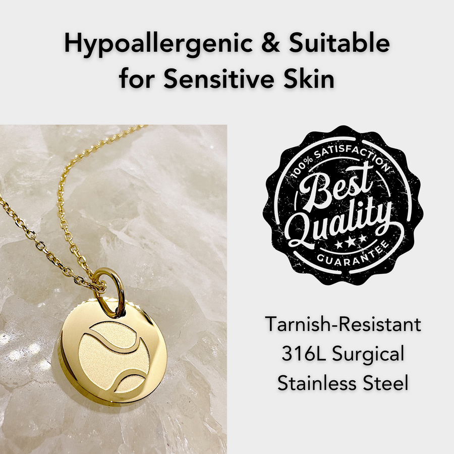 Hypoallergenic gold tennis disc charm necklace, suitable for sensitive skin.