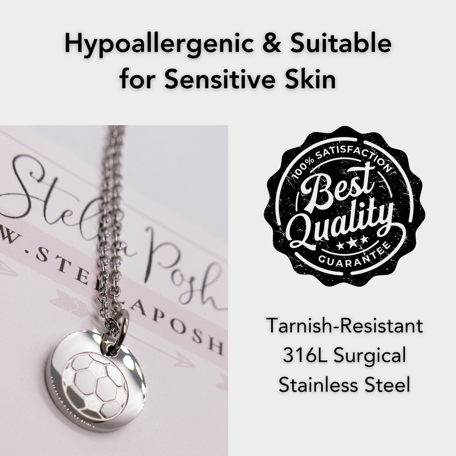 Hypoallergenic silver soccer  disc charm necklace, suitable for sensitive skin.