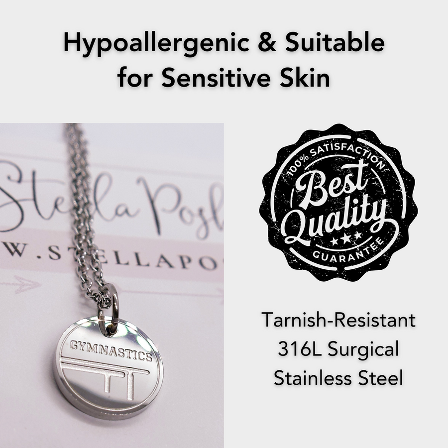 Hypoallergenic silver gymnastics disc charm necklace, suitable for sensitive skin.