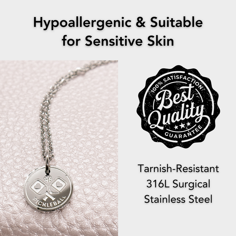 Hypoallergenic silver pickleball disc charm necklace, suitable for sensitive skin.