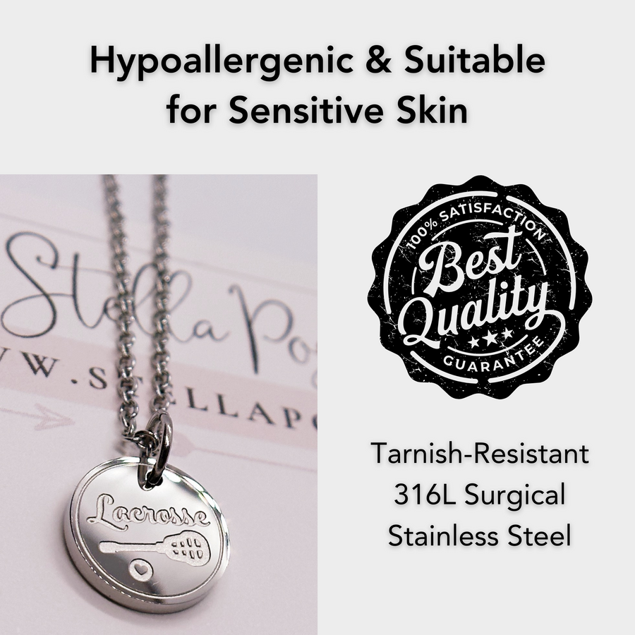Hypoallergenic silver lacrosse disc charm necklace, suitable for sensitive skin.