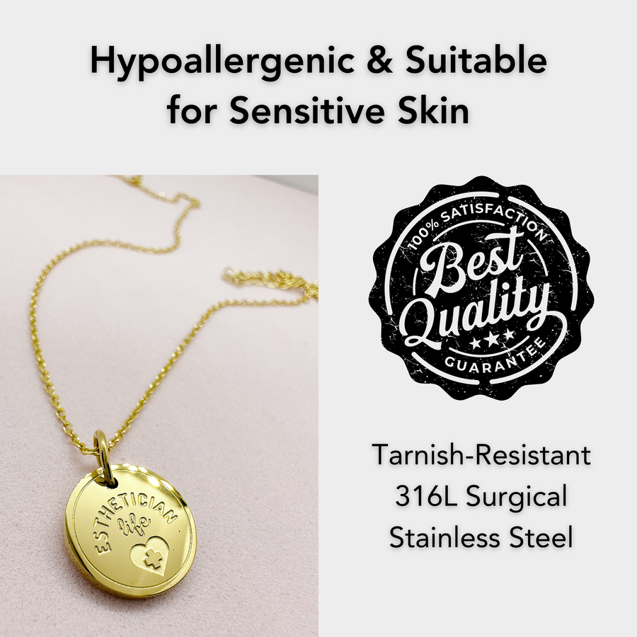 Hypoallergenic gold Esthetician disc charm necklace, suitable for sensitive skin.