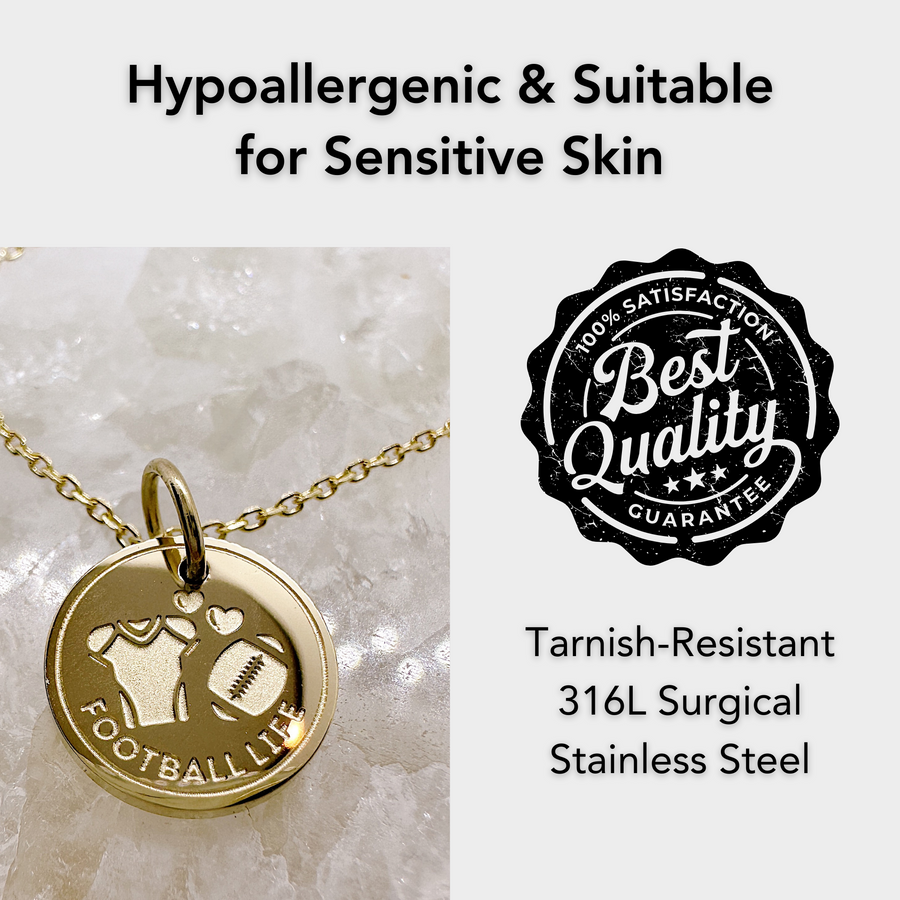 Hypoallergenic gold football disc charm necklace, suitable for sensitive skin.