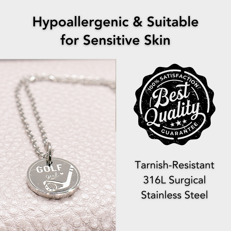 Hypoallergenic silver golf disc charm necklace, suitable for sensitive skin.