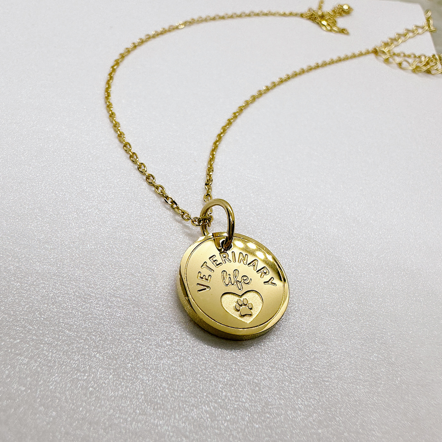Gold veterinary disc charm necklace.