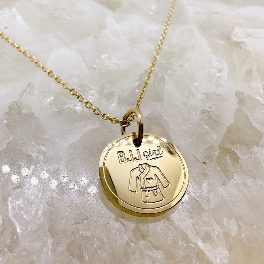 Gold BJJ Girl Disc Charm Necklace.