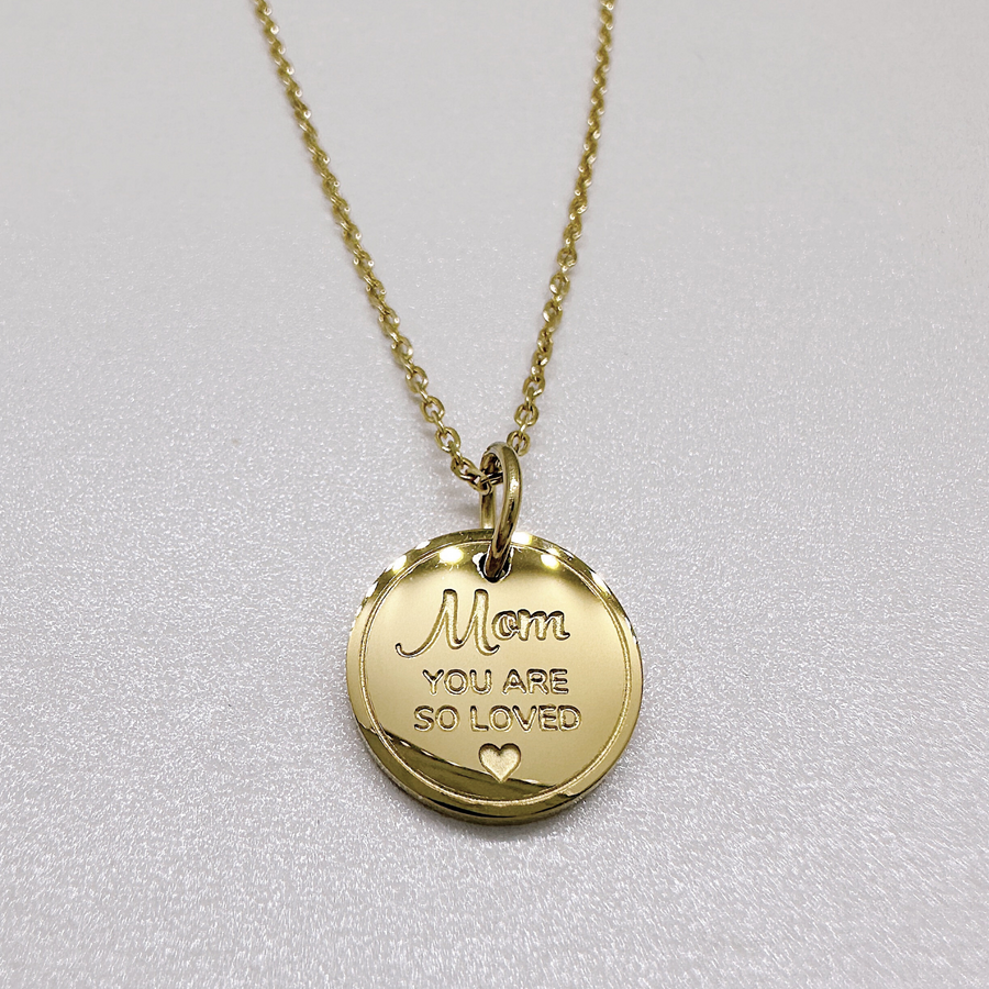 Gold Mom Mother disc charm necklace.