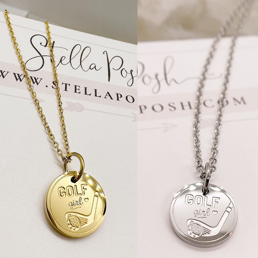 Golf girl lady disc charm necklaces in gold and silver.