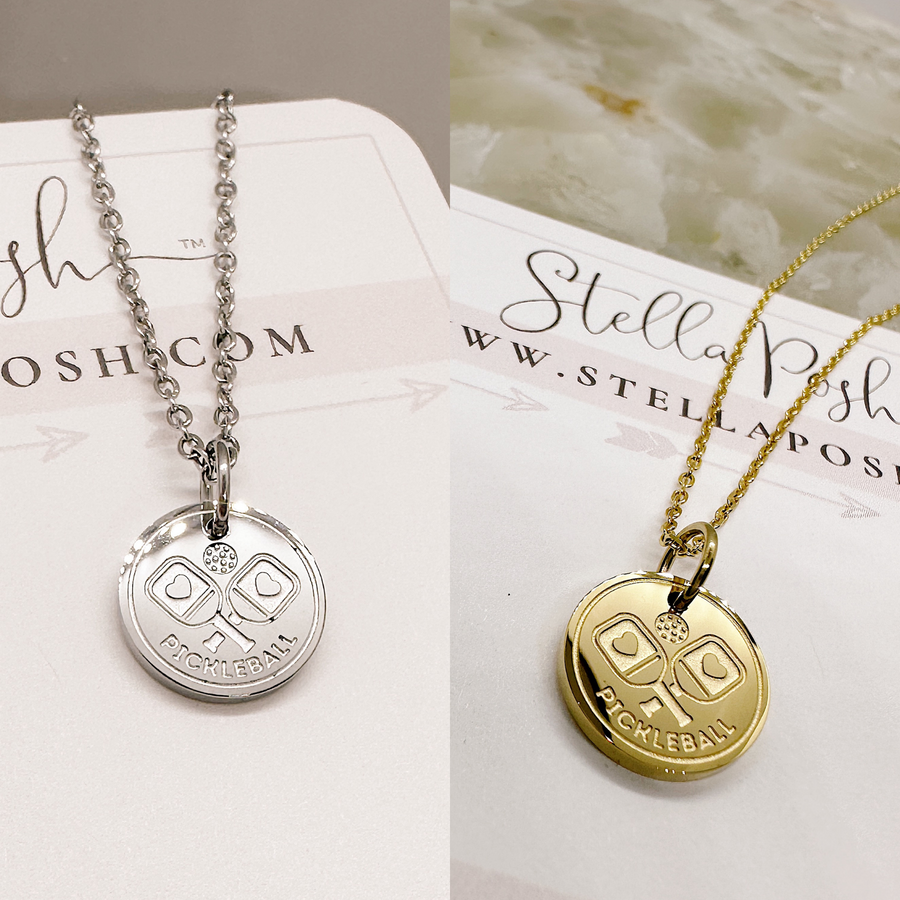 Pickleball disc charm necklaces in gold and silver.