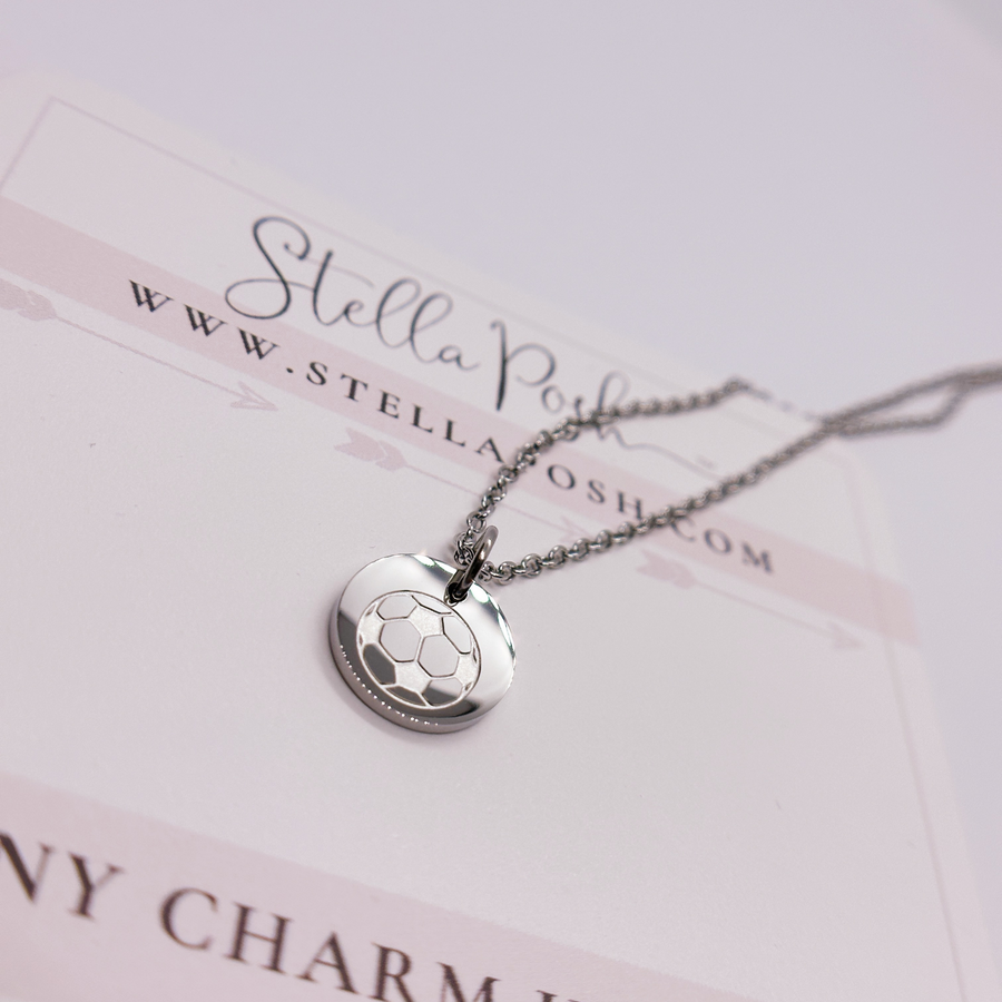 Silver soccer disc charm necklace.