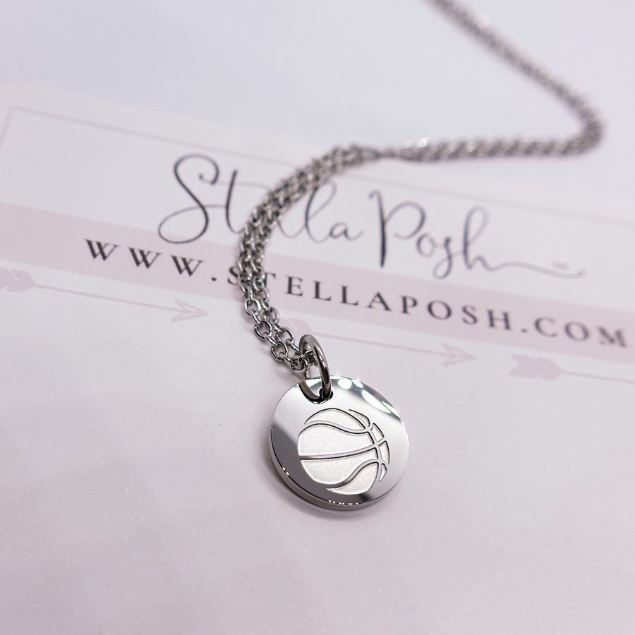 Silver basketball disc charm necklace.