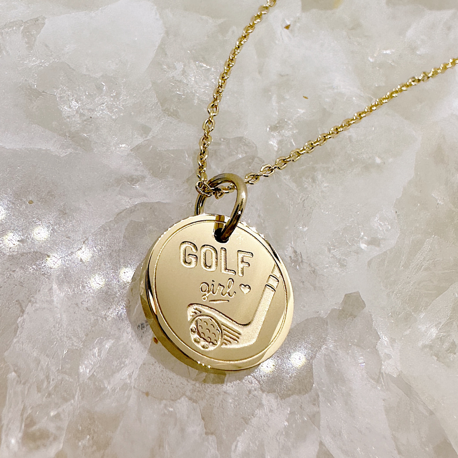 Gold Golf disc charm necklace for ladies or girls.