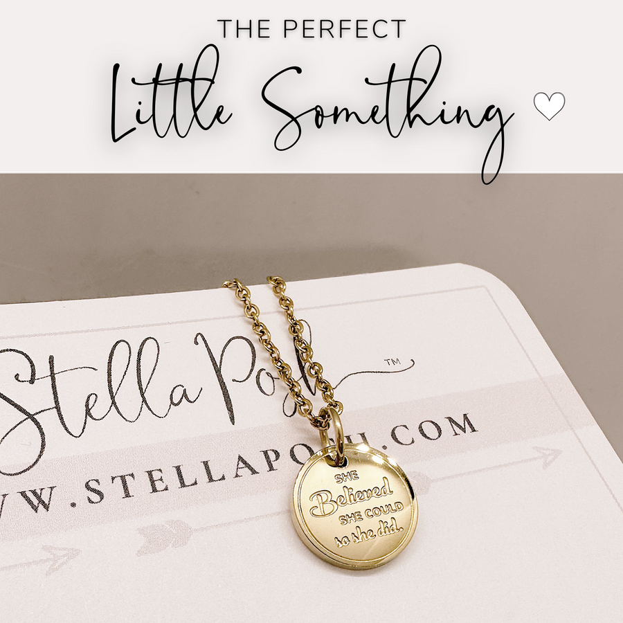 That perfect little something, she believed she could so she did disc charm necklace.