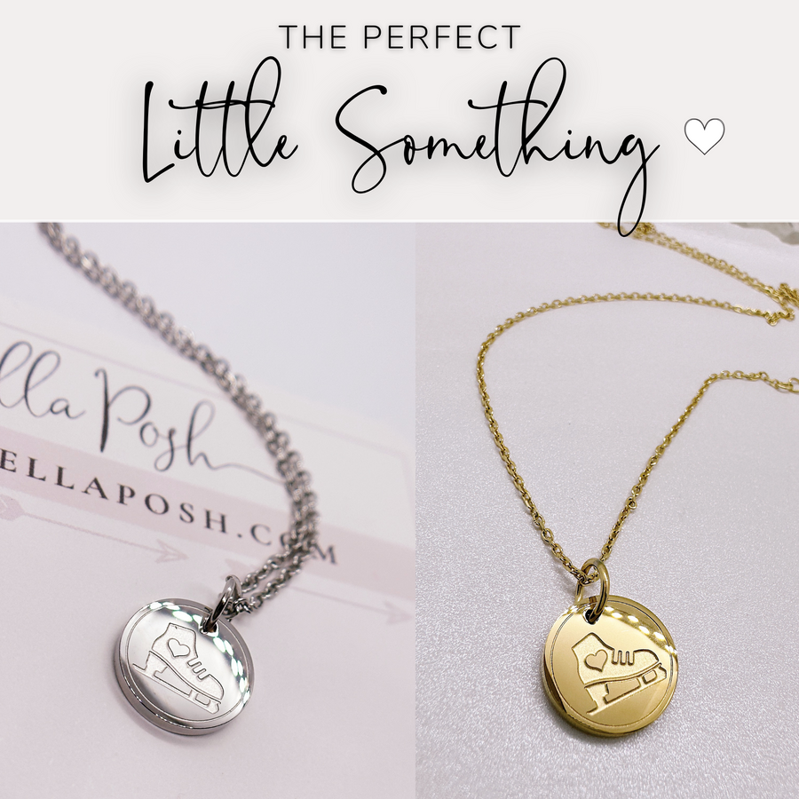 That perfect little something, ice skate disc charm necklaces in gold or silver.