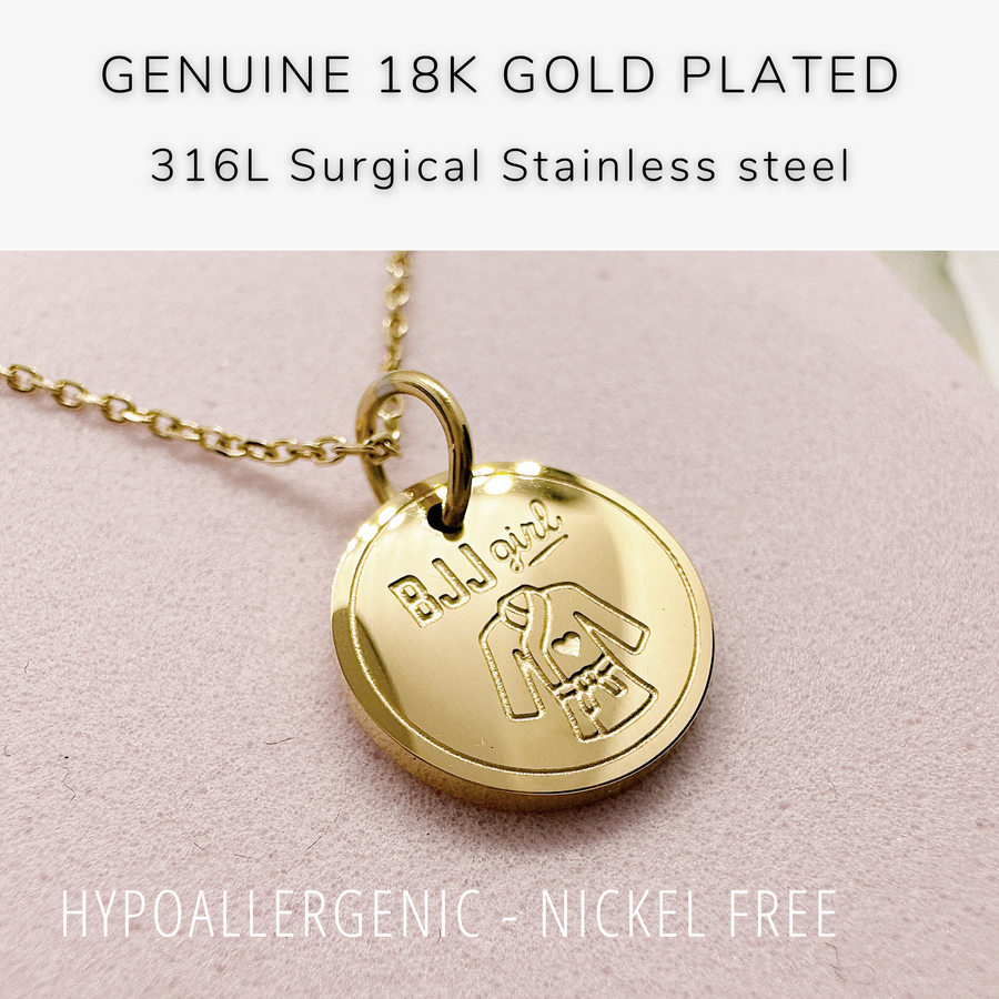 18K gold plated BJJ Girl Disc Charm Necklace.