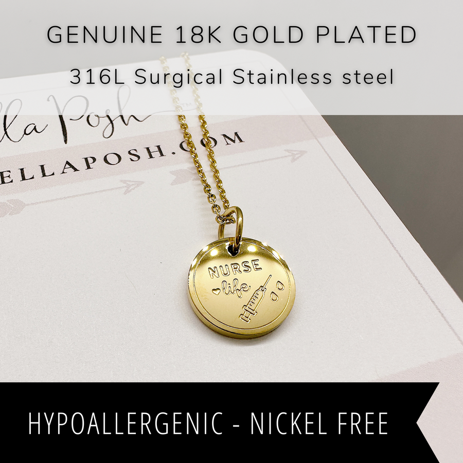 18K gold plated nurse disc charm necklace.