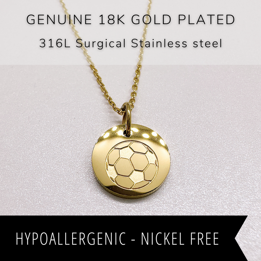 18K gold plated soccer disc charm necklace.