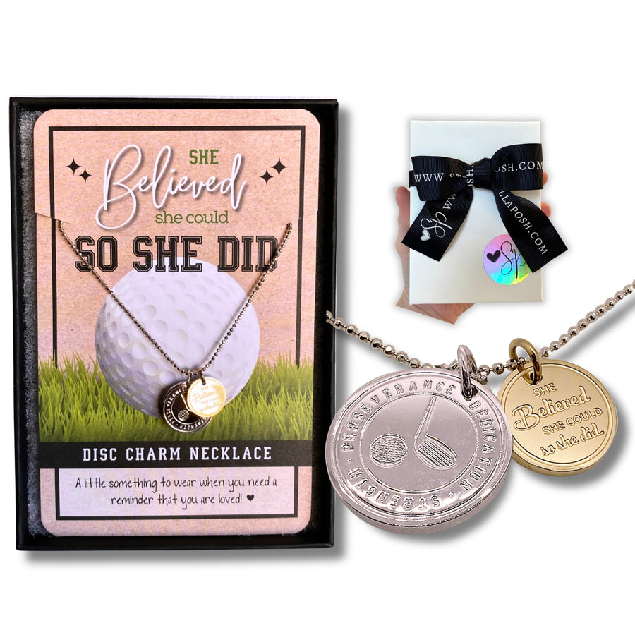 Dainty Golf Charm Necklace with Golf charm, and 'She believed she could so she did' charm, with gift-ready packaging, 'The Perfect little something!'