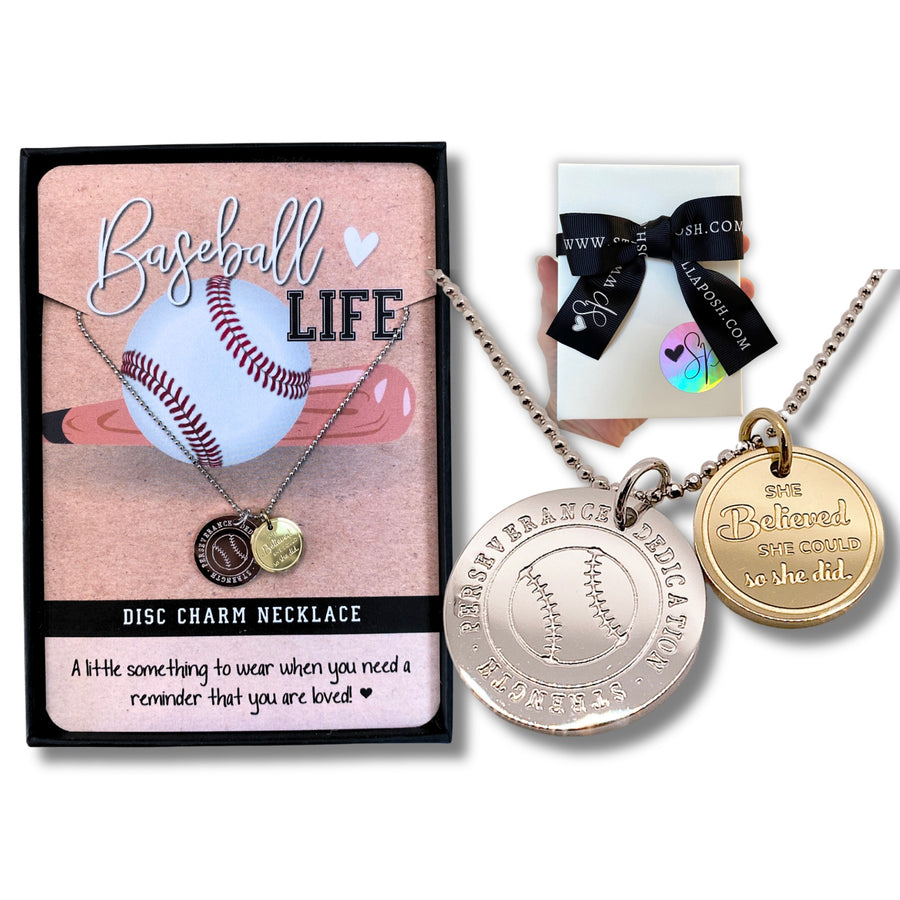 Baseball Life Charm Necklace with 14K Gold plated or Rhodium plated 'Baseball' charm, and 'She believed she could so she did' charm.