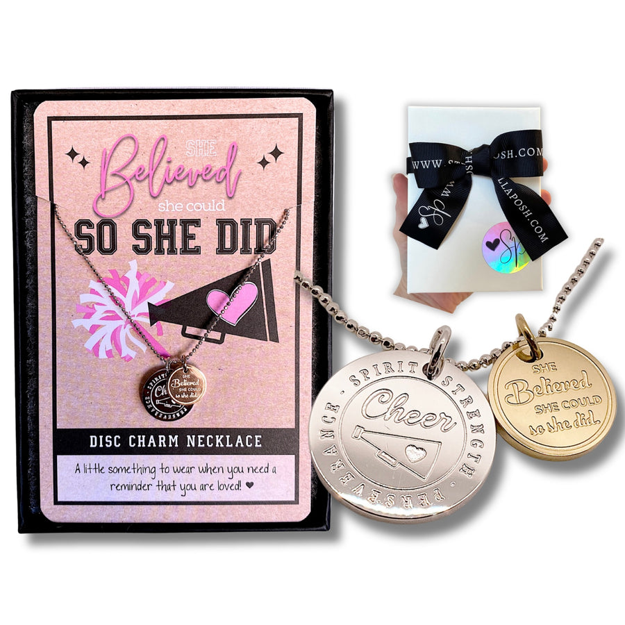 Dainty Cheer Charm Necklace with '14K Gold plated or Rhodium plated Cheer' charm, and 'She believed she could so she did' charm, with gift package.