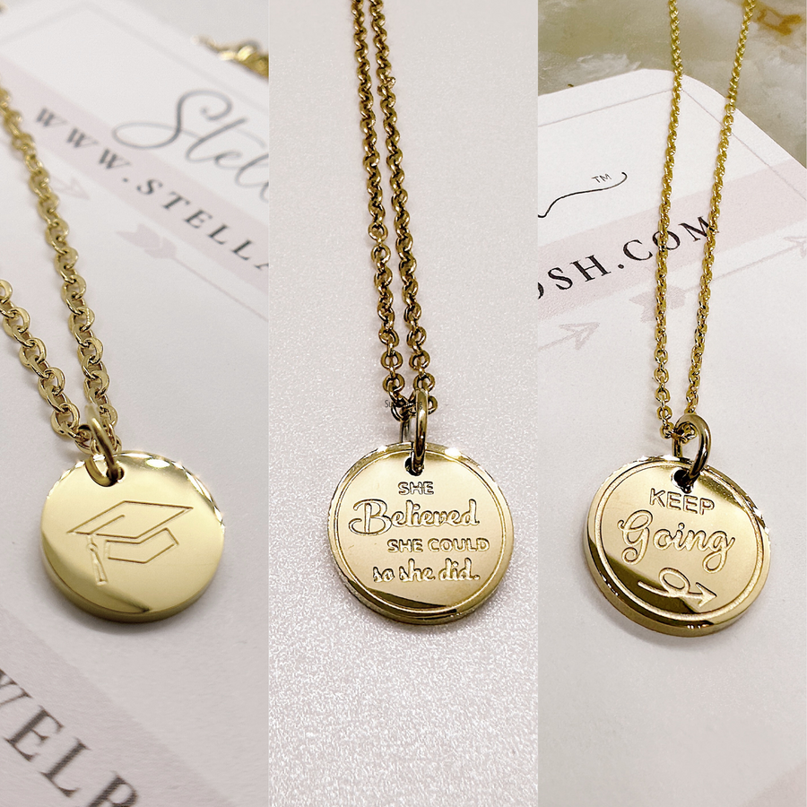 Gold  variations for graduation disc charm necklace.