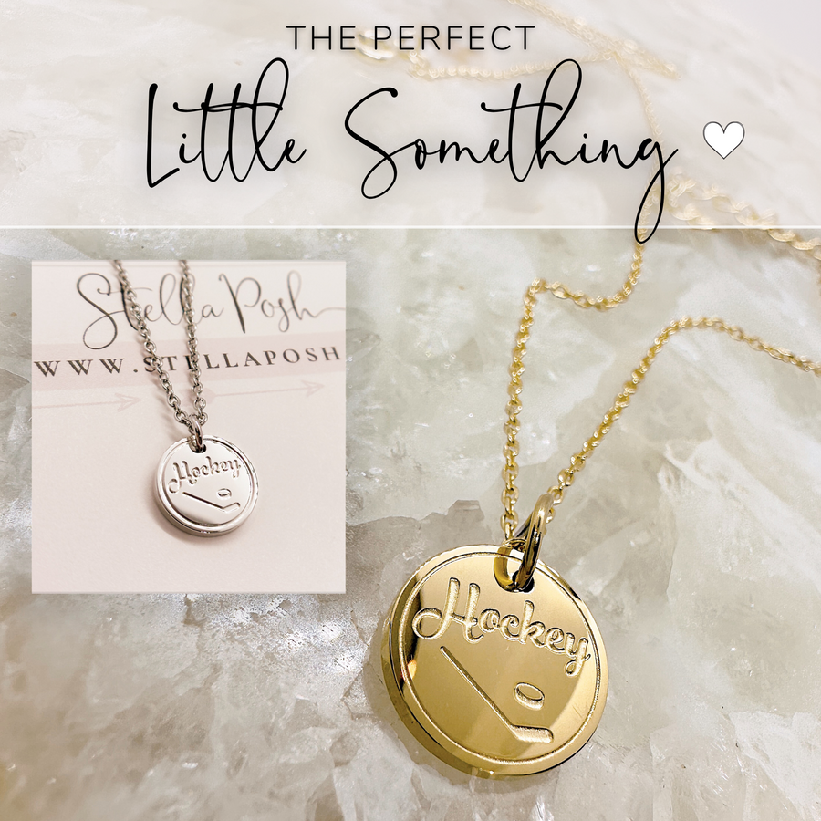 That perfect little something, hockey disc charm necklaces in gold or silver.