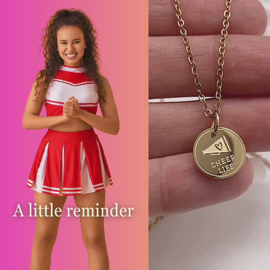 Video, cheer disc charm necklace, reminder to keep going.