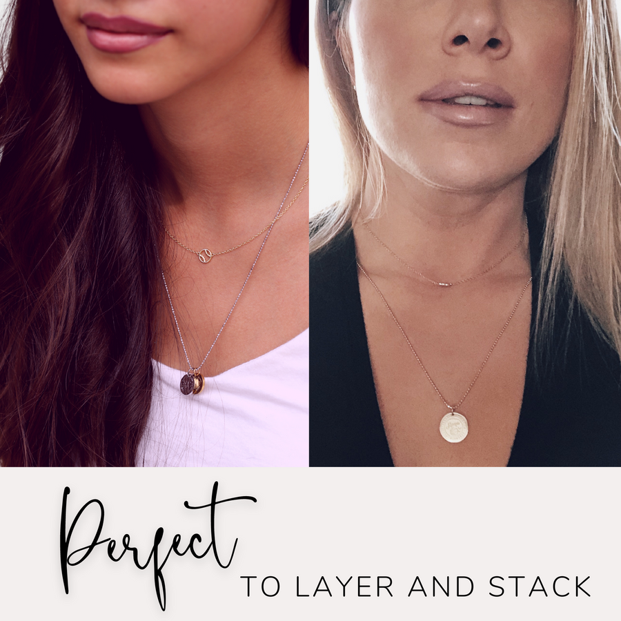 Models wearing Dainty Golf Necklace with Golf charm, and 'She believed she could so she did' charm, layered with .925 silver necklace.