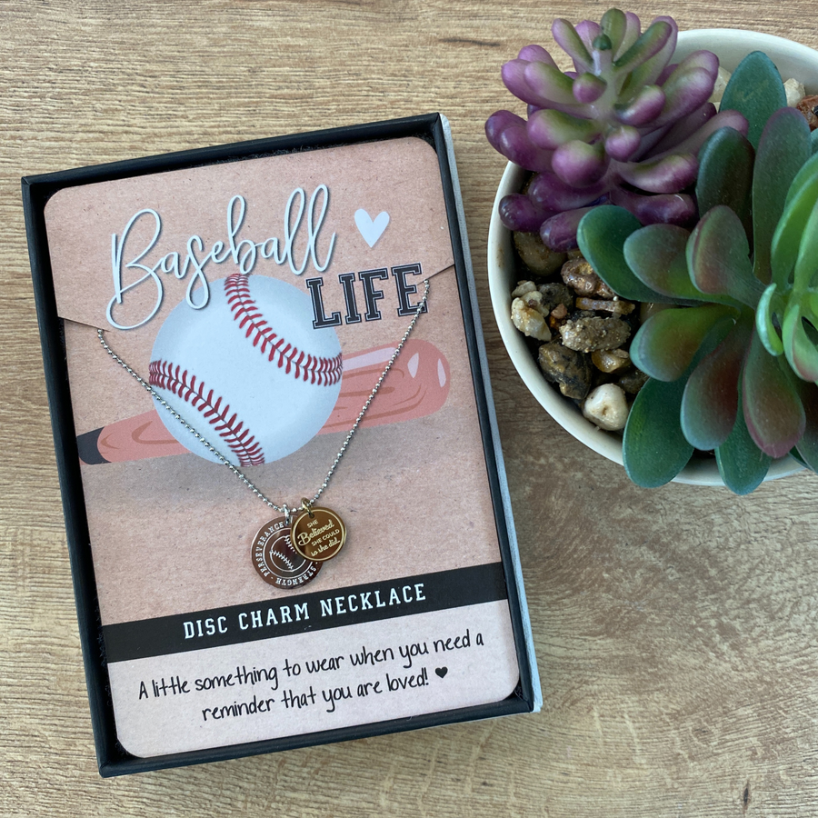Baseball Life Charm Necklace with 14K Gold plated or Rhodium plated 'Baseball' charm, and 'She believed she could so she did' charm.