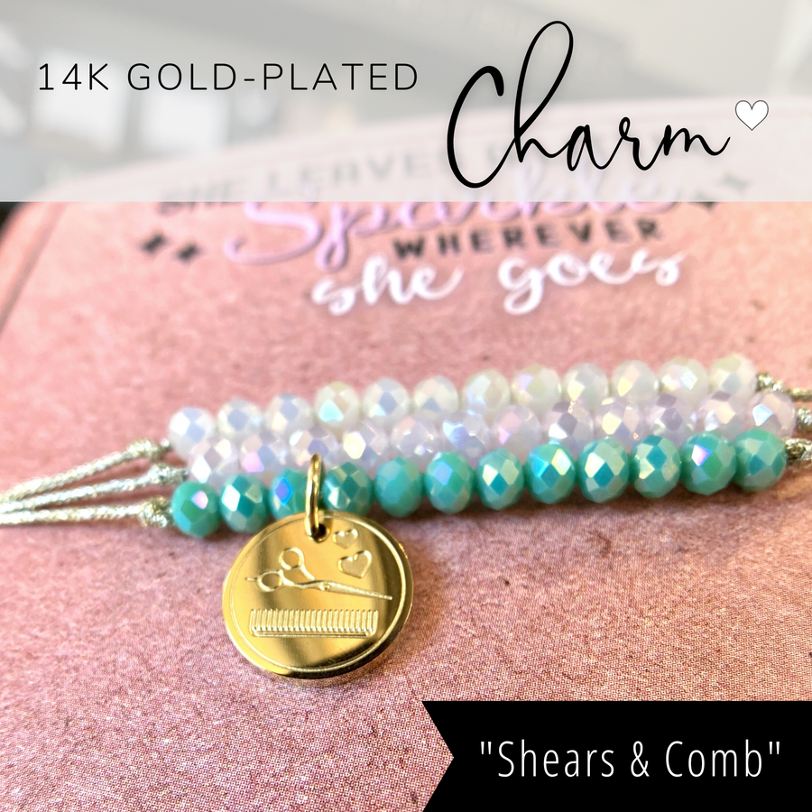 Amazing Stylist Charm Bracelet set with 14K Gold plated 'Shears and Comb' charm.