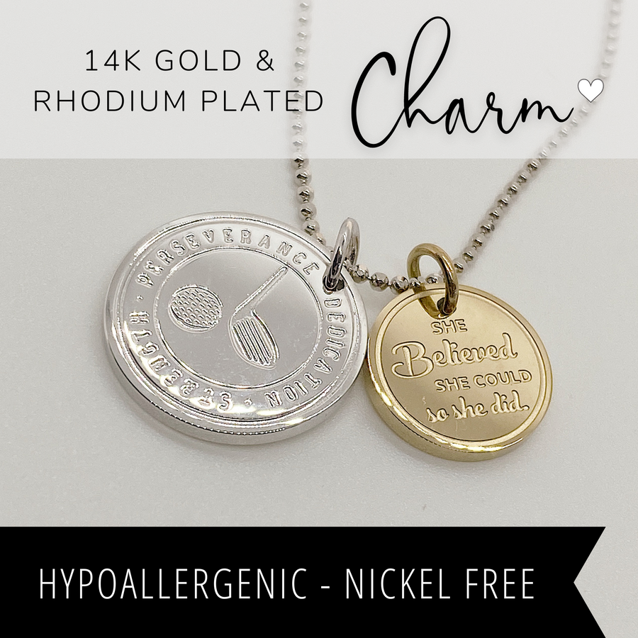 Hypoallergenic Dainty Golf Charm Necklace with 14K Gold plated or Rhodium plated 'Golf' charm, and 'She believed she could so she did' charm.