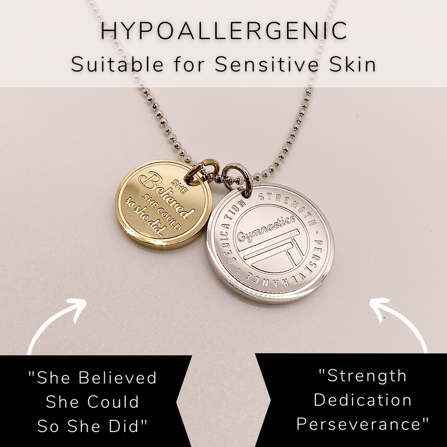 Hypoallergenic Dainty Gymnastics Charm Necklace with Gymnastic charm, and 'She believed she could so she did' charm, on a .925 sterling silver chain, either 14K Gold plated or Rhodium plated.