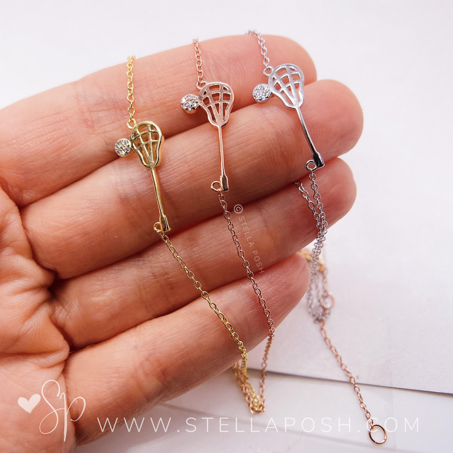 .925 silver Tiny Lacrosse Necklaces with premium cubic zirconias, in silver, gold, and rose gold.