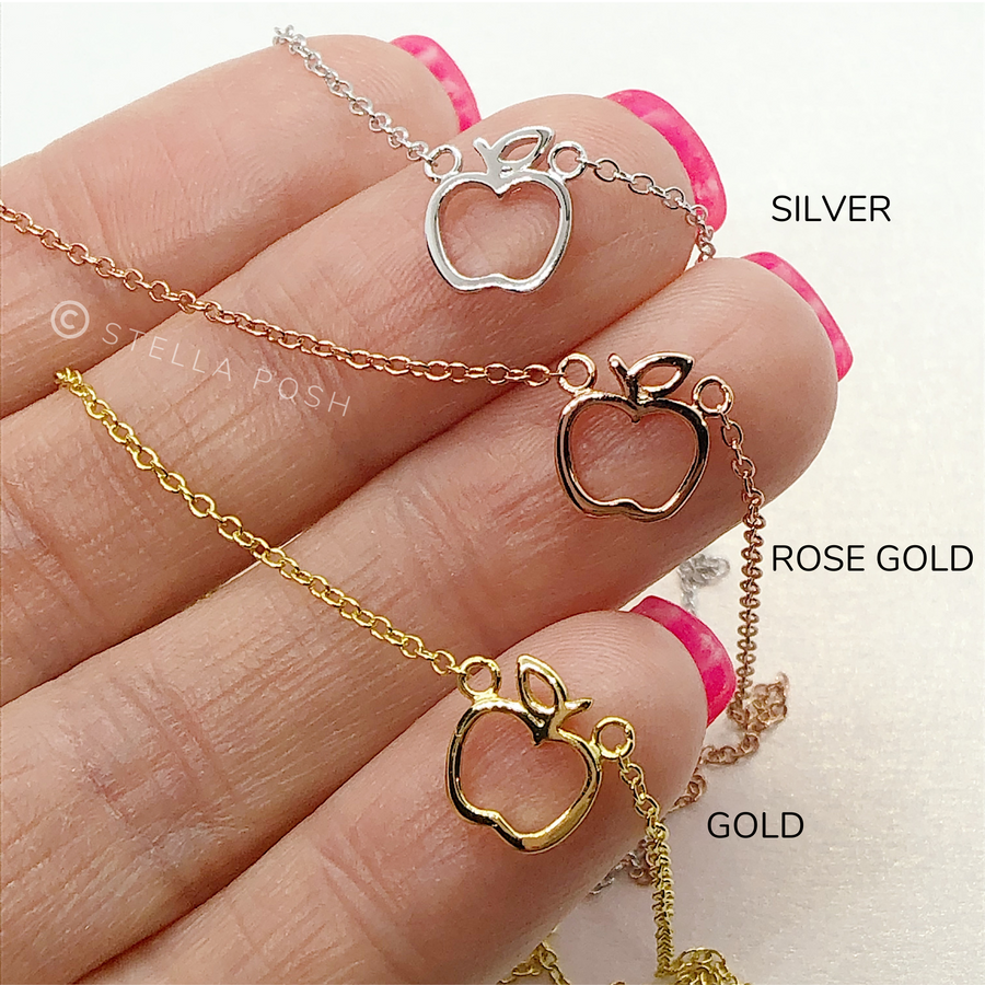 Beautiful and dainty .925 sterling silver Apple Necklaces, in gold, silver, and rose gold..