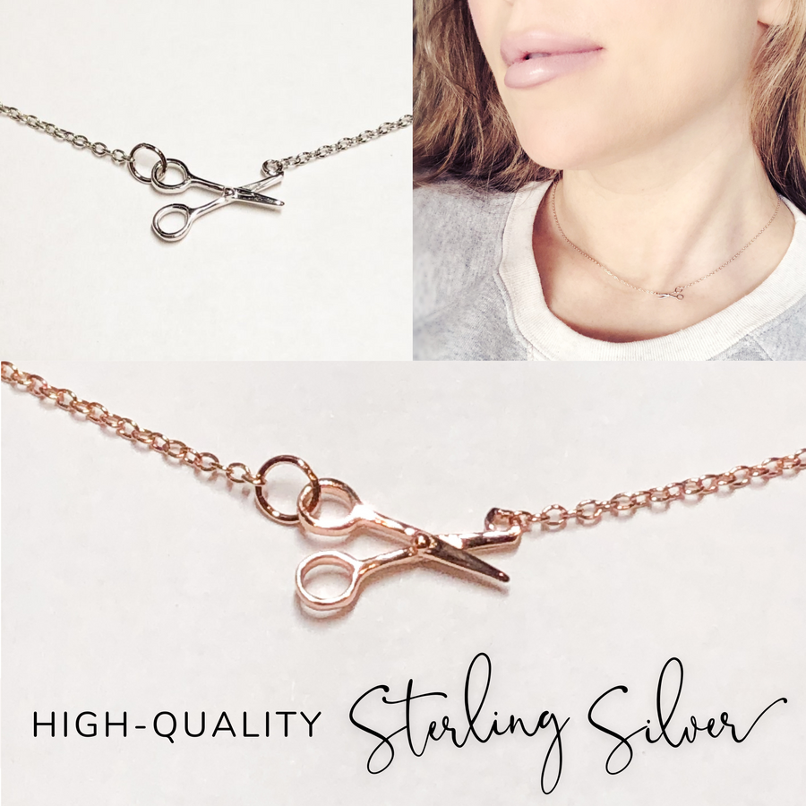 Model with .925 silver Scissor Necklace in rose gold, and silver.