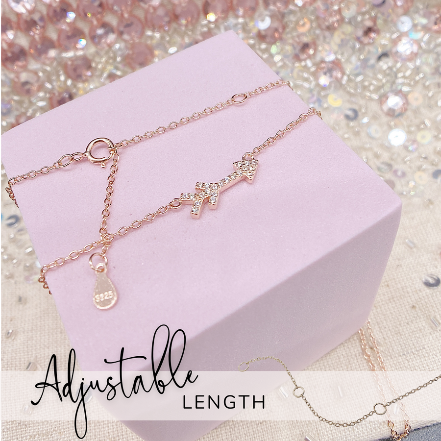Adjustable length Tiny Arrow .925 Sterling Silver necklace with premium cubic zirconias in a pavé setting, in rose gold.