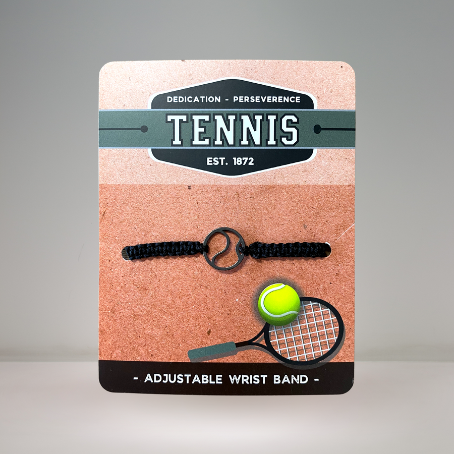 Tennis adjustable unisex wristband, mounted and ready for gift giving.